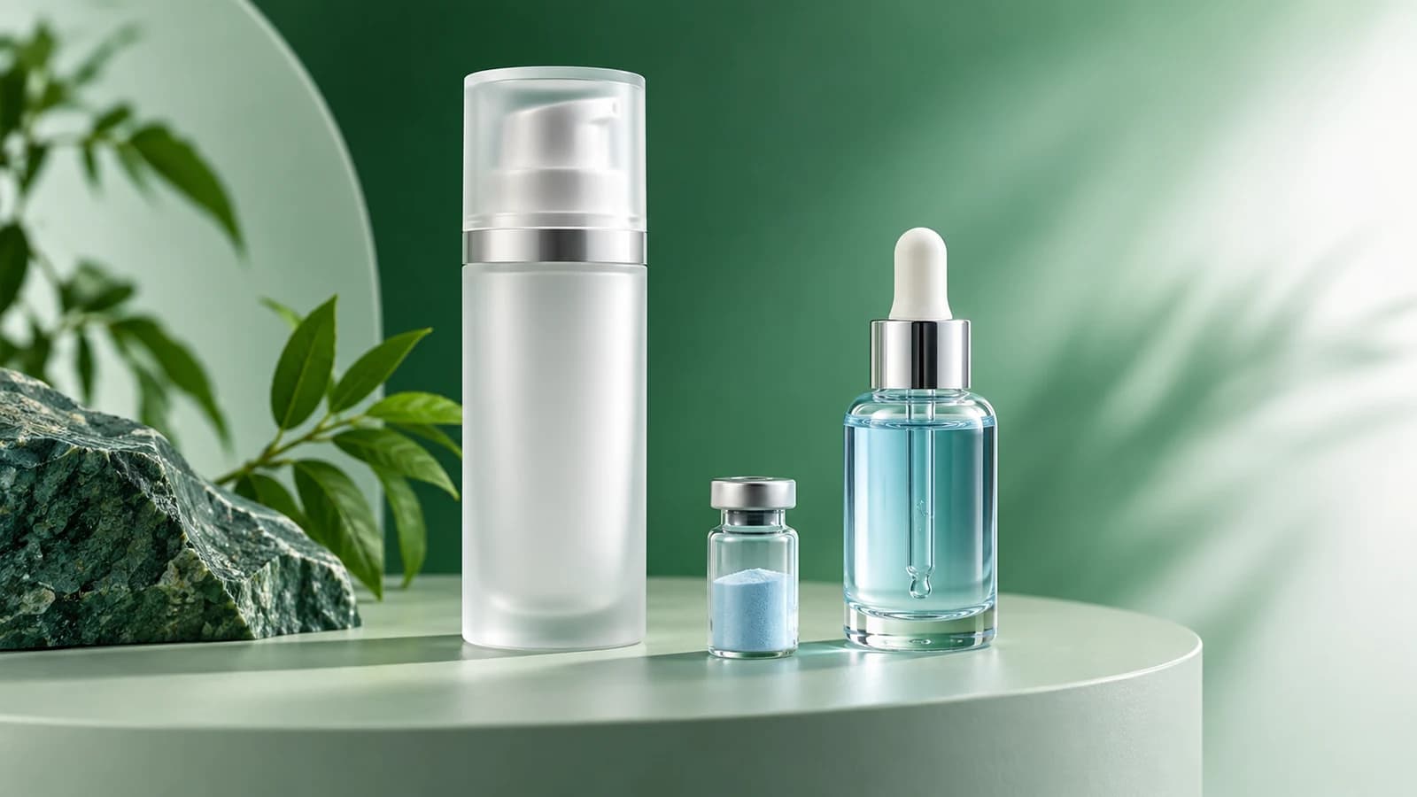 An airless pump bottle, a blue serum dropper bottle and a small blue-powder vial.