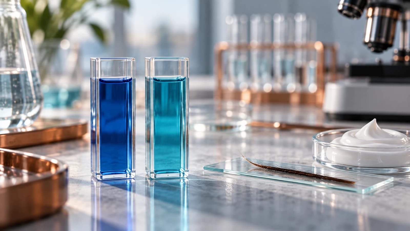 Blue copper-complex solutions beside a hair sample slide and cosmetic formulation dish
